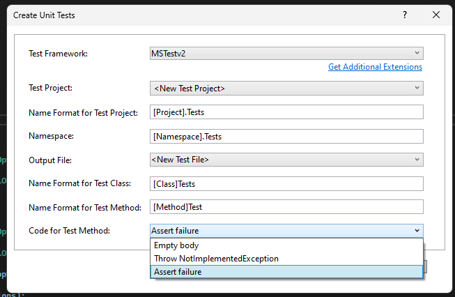 screenshot of the Create Unit Tests dialog, showing all of its options to create a unit test and or project