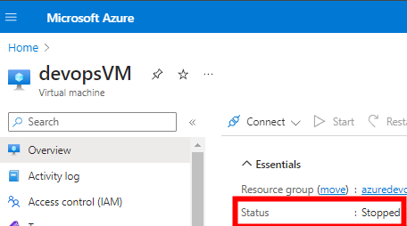 Showing the status of the VM in azure portal as stopped